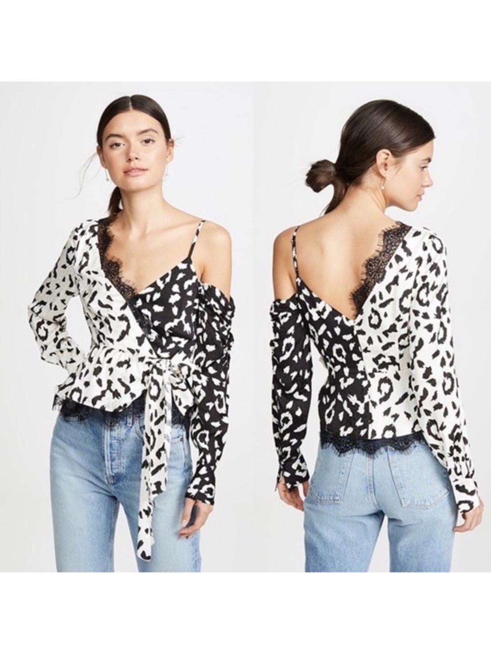 Self-Portrait Black and White Leopard-Print Asymmetrical Lace Trim Wrap Top US 0